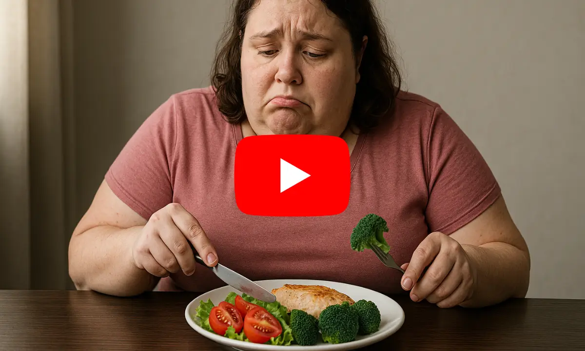 Overweight woman looking sad while eating a low-carb meal with broccoli, tomatoes, and chicken on a plate.